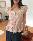 Kyohi Ribbon Pintuck Lace Short Sleeve Blouse