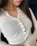 Hapa Button V-Neck Slim Fit Long Sleeve T-Shirt