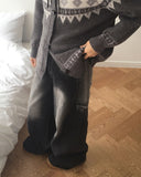 Mowell Black Washed Wide Cargo Denim Pants