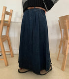 Bekodi banding belt pin tuck brushed denim long skirt