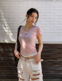 See-through layered button cap sleeve short sleeve