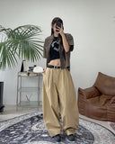 Tie pin tuck cotton balloon pants