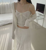 Lovely Lace Ribbon Punching Sleeveless Cardigan Set