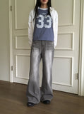 Watone Back Cut Washing Gray Long Wide Denim Pants