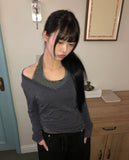 Sheen Layered Shirring V-Neck Long Sleeve T-Shirt