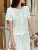 Ser Embossed Round Pearl Puff Blouse