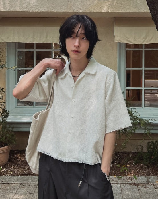ポロシャツ HUECLOSET Dekki cropped tweed half shirt 2plan (ツープラン) - ダメージクロップツイードハーフシャツ