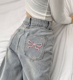 Pink Ribbon Embroidery Point Light Blue Wide Denim Pants