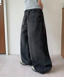 Medit Cat Washing Cut Wide Black Denim Pants