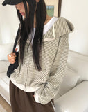 Bima Stripe Pocket Loose Fit Long Sleeve Hooded Zip-Up