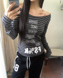 Muang Stripe Print One-Off Shoulder Long Sleeve T-Shirt