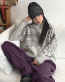 Nopel Vintage Butterfly Angora High Neck Long Sleeve Cardigan Zip Up