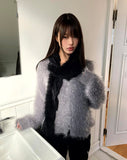 Heri Pine Leaf Balloon Angora V-Neck Loose Knit Fur Cardigan