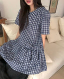 Purip Ribbon Strap Round Collar Check Mini One-Piece Dress