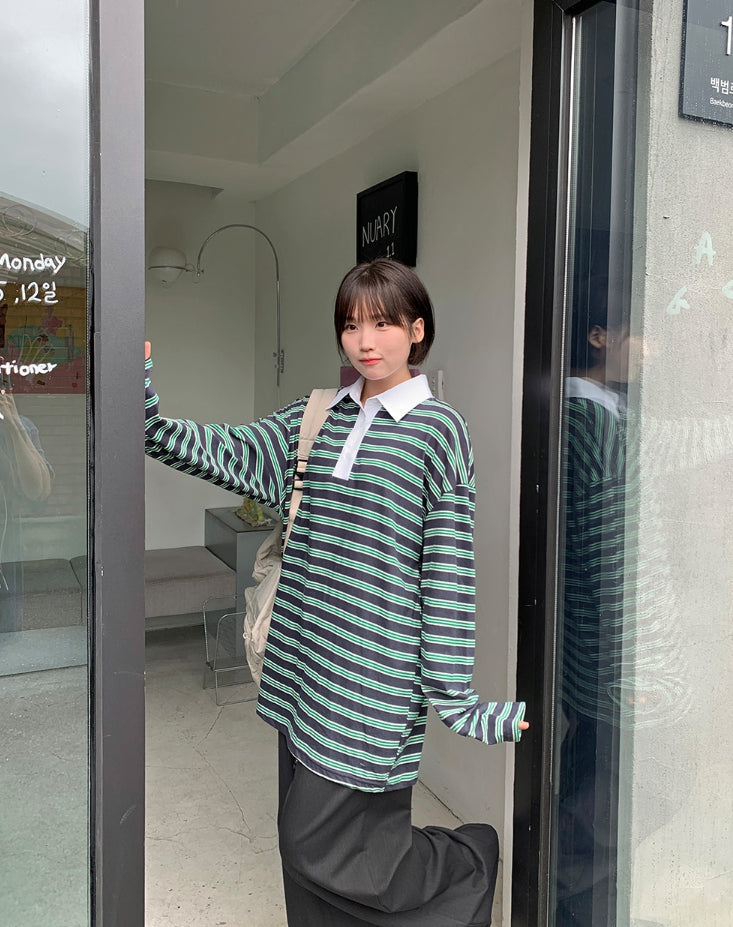 【BAON】Moruku Stripe Collar Over Long Sleeve Tee BAON (バオン) - モルクストライプカラーオーバー長袖Tシャツ