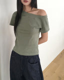 Sasha Stud Rivet Unbalanced Off-Shoulder Short Sleeve T-Shirt