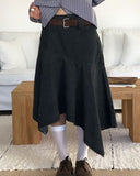 [Belt SET] Poor cut washed unbalanced cotton midi skirt
