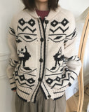 Jeber Deer Nordic Round Collar Knit Cardigan