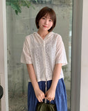 Minbomi Punching Lace Hood Short Sleeve Blouse