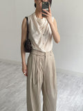 Strap Two-Tuck Long Wide Slacks