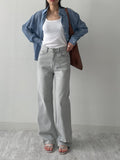 Gray cat-washed straight wide denim