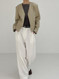 Modern collarless short leather jacket