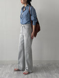 Gray cat-washed straight wide denim
