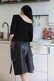 Two-belted leather midi skirt