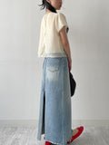 Deep Slit Cotton Long Denim Skirt (Light Wash)