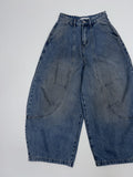 Curved Balloon Wide Denim Pants Mid Blue