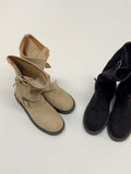 Fawn Suede Two-Buckle Half Boots