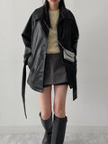 Lape Belted Half Leather Coat