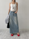 Deep Slit Cotton Long Denim Skirt (Light Wash)