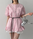 [Short sleeve.ver] Frill Stripe Loose Fit Blouse
