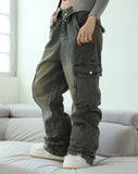 Washed fold cargo denim