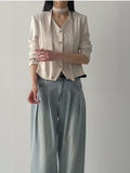 [Tie SET] Padded V-neck Pin Tuck Blouse
