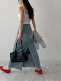 Deep Slit Cotton Long Denim Skirt (Light Wash)