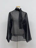 [Tie Set] See-through High Neck Overfit Blouse