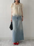 Deep Slit Cotton Long Denim Skirt (Light Wash)