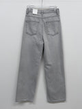 Gray cat-washed straight wide denim