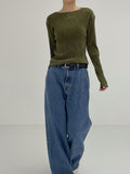 Boat neck pleated long sleeve T-shirt
