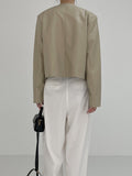 Modern collarless short leather jacket