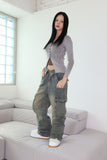 Washed fold cargo denim