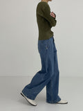 Boat neck pleated long sleeve T-shirt