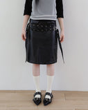 Two-belted leather midi skirt