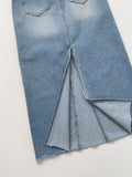 Deep Slit Cotton Long Denim Skirt (Light Wash)