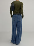 Boat neck pleated long sleeve T-shirt