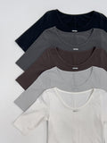 Pintuck U-Neck Elbow Length T-Shirt