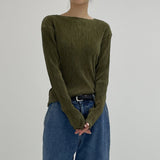 Boat neck pleated long sleeve T-shirt