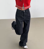 Raw autumn non-fade banding casual wide denim pants
